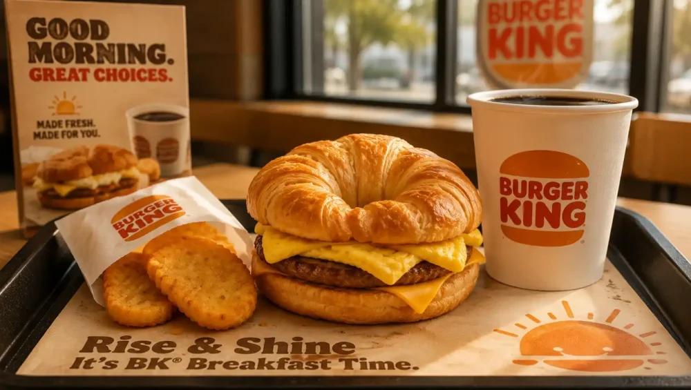 : Burger King breakfast tray with Croissan'wich, hash browns, and coffee