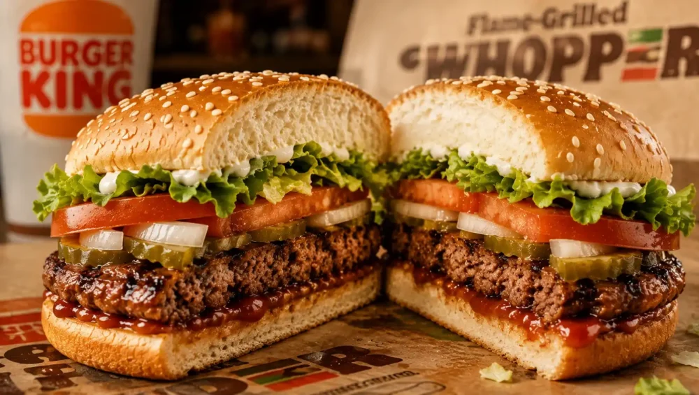 Burger King Whopper burger with lettuce, tomato, and sesame bun