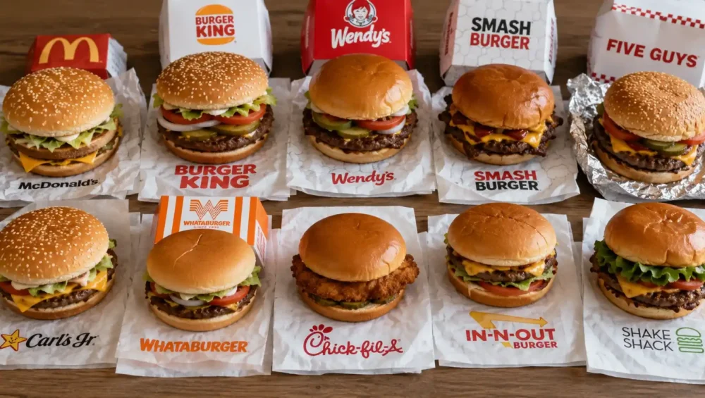 A lineup of fast food burgers from top Canadian chains on a wooden table