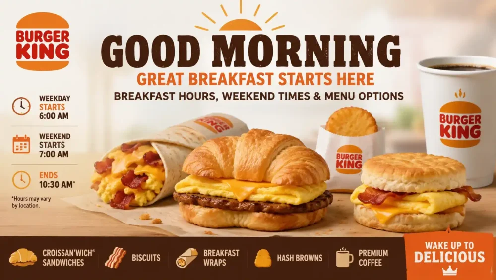 Burger King breakfast hours showing Croissan'wich and coffee on a morning menu board