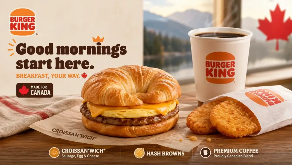 Burger King breakfast menu Canada showing Croissan'wich, hash browns, and coffee