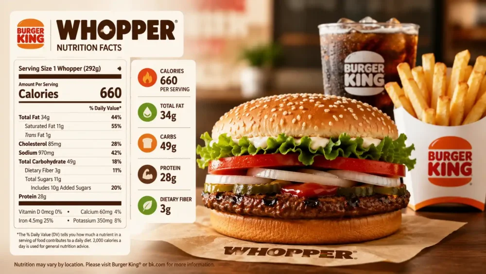 Burger King calories guide showing a Whopper meal with calorie count