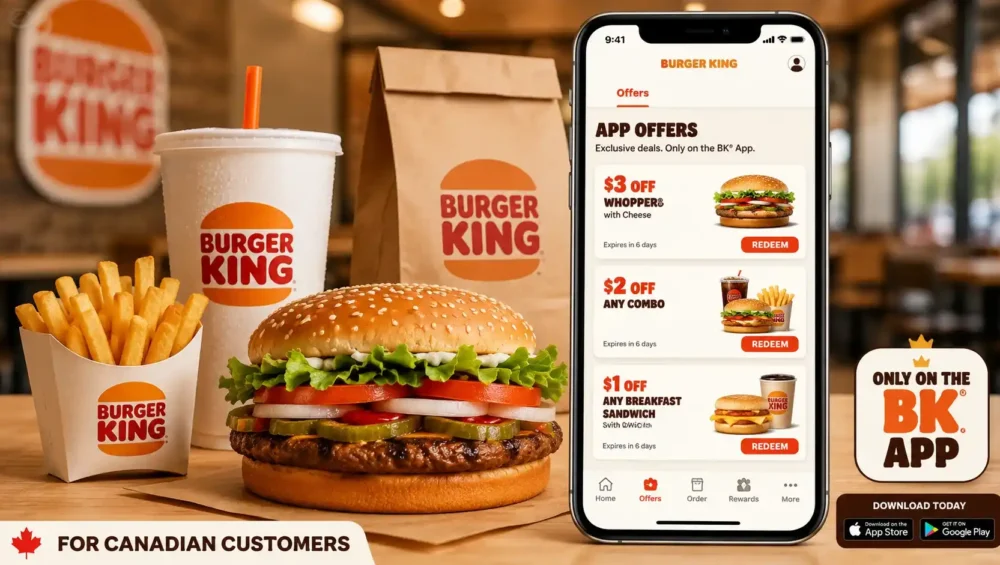 Burger King coupons Canada deals shown on a mobile app with a Whopper meal