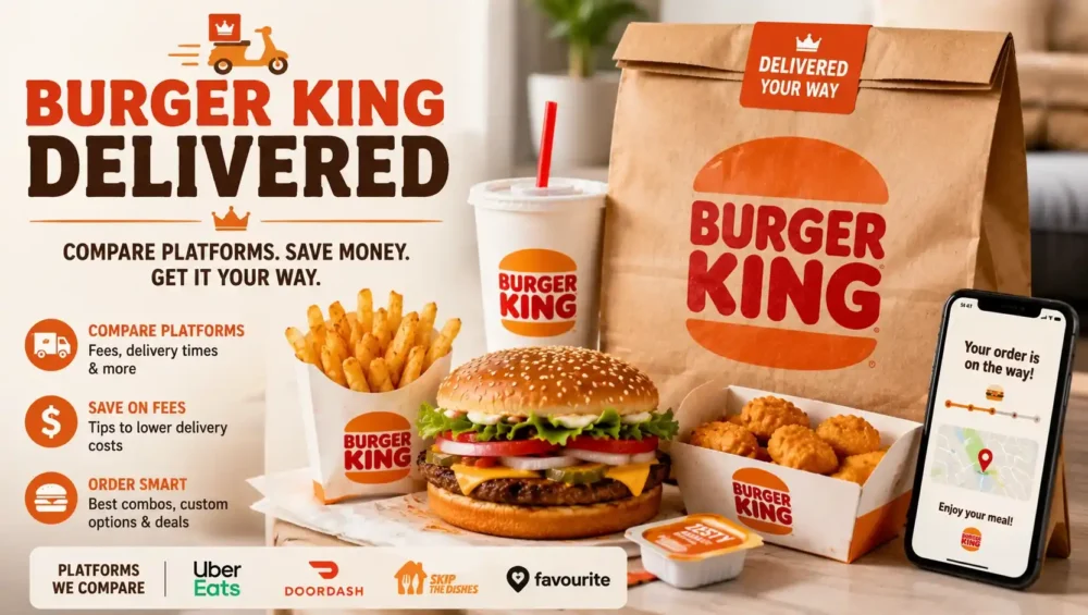 Burger King delivery order with Whopper and fries next to a delivery bag on a doorstep