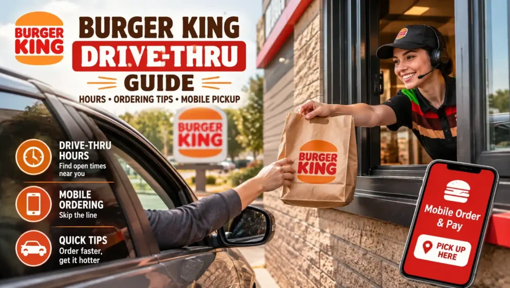 Car at a Burger King drive thru window picking up an order at night