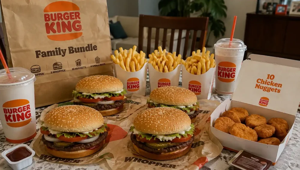 Burger King family deals bundle with Whoppers, fries, and chicken nuggets on a table