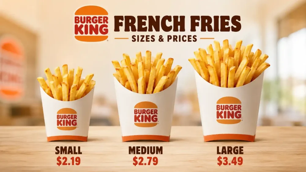 Burger King fries in small, medium, and large sizes with price tags