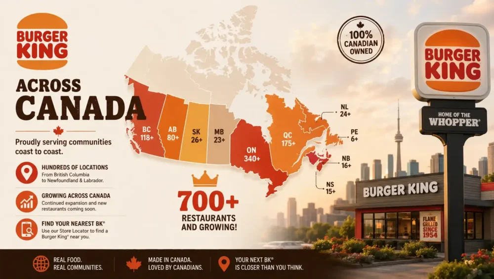 Map of Burger King locations across Canada highlighting Ontario, British Columbia, and Alberta