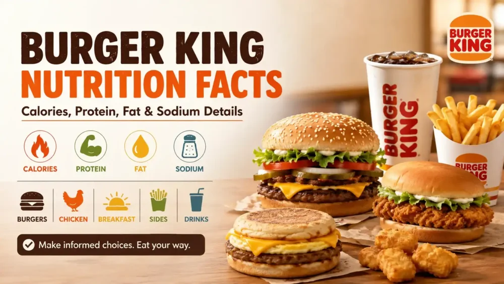 Burger King nutrition facts guide showing calories and macros for popular menu items