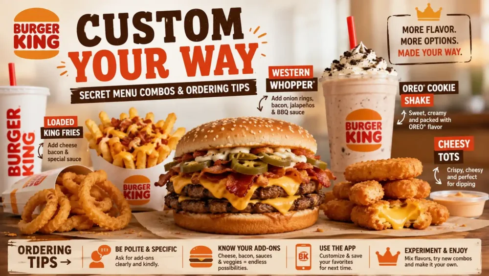 Burger King secret menu items including a loaded burger, onion rings, and fries on a tray