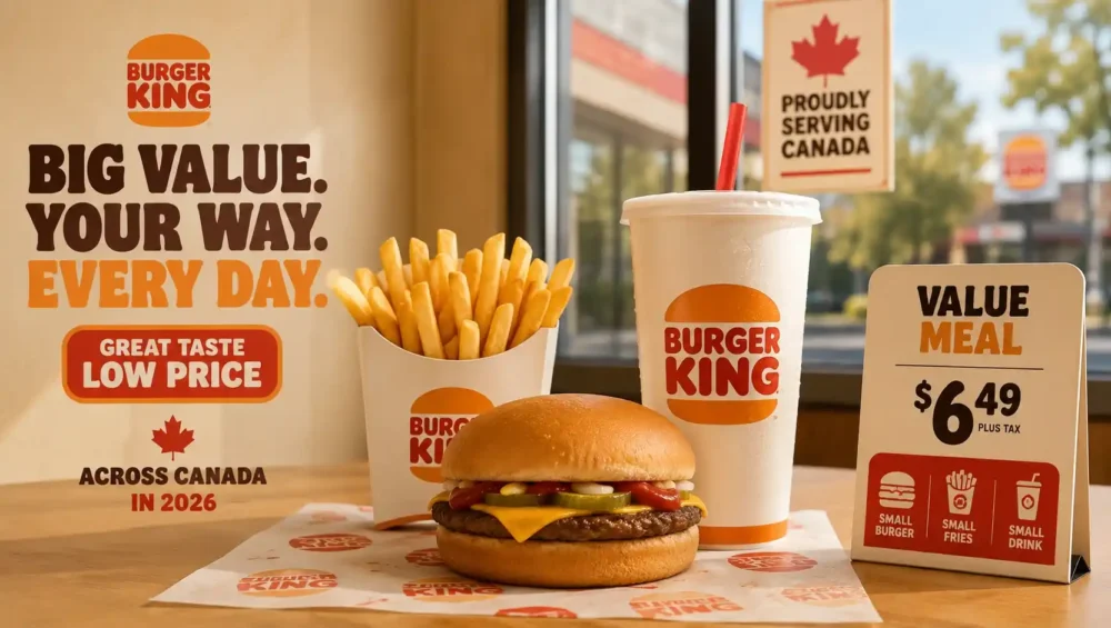 Burger King value menu Canada items including small burger, fries, and drink