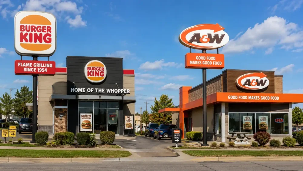 Burger King and A&W restaurant signs positioned side by side