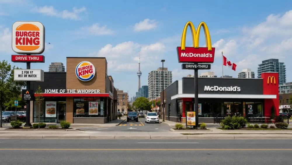 Burger King and McDonald's restaurant signs standing near each other in Canada
