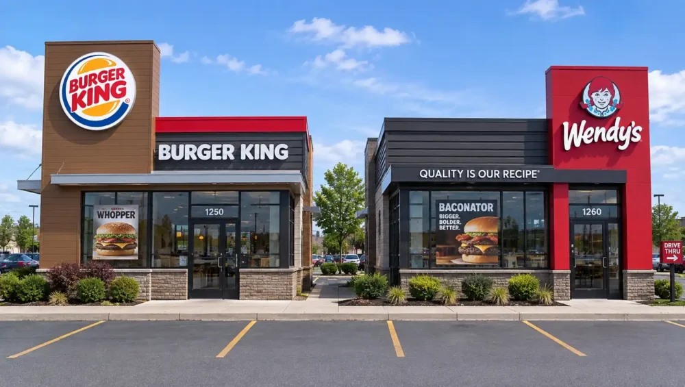 Burger King and Wendy's restaurant fronts positioned next to each other