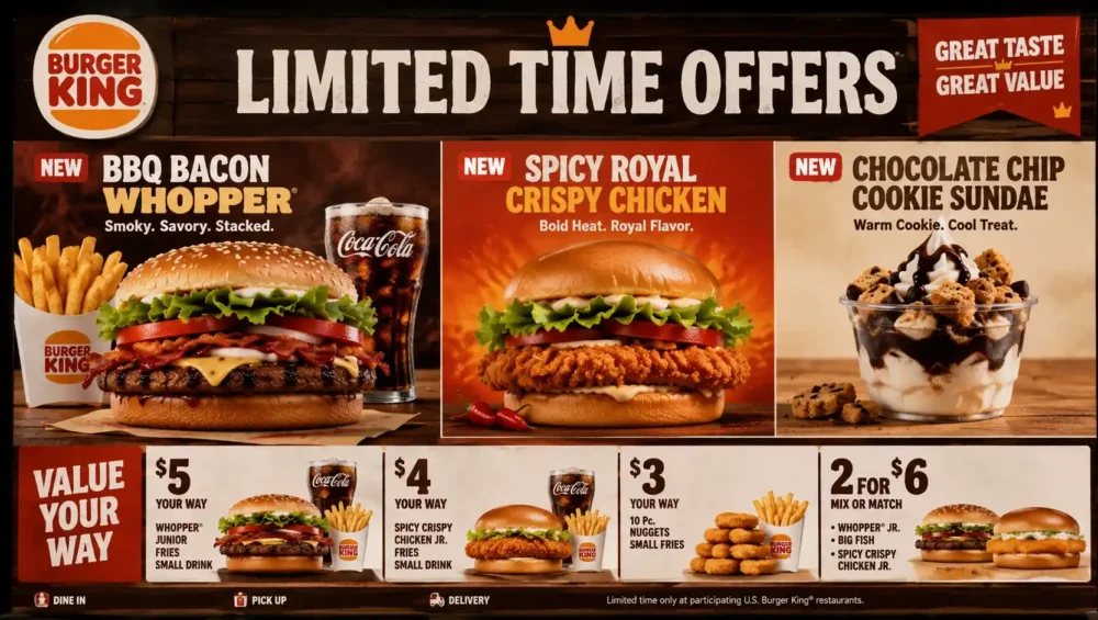 Burger King limited time offer menu board with combo deals