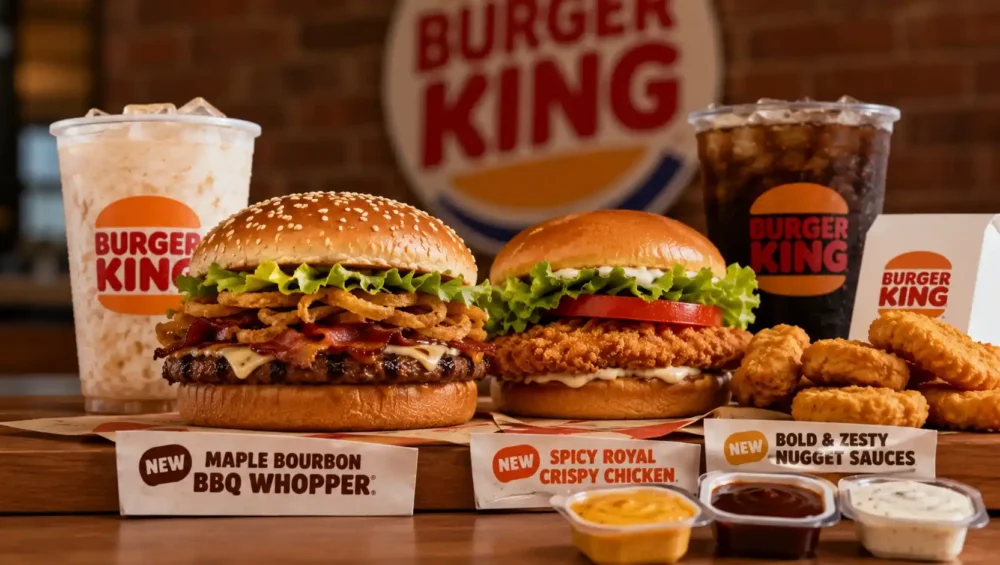 Burger King new menu items including a new burger, chicken sandwich, and nuggets on a tray